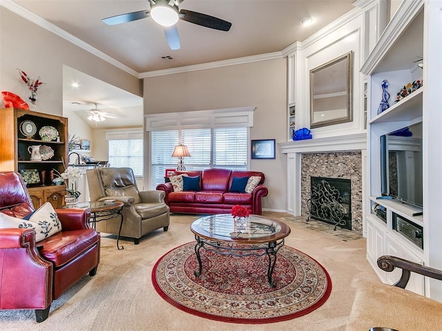 living room featuring visible vents, light colored carpet, crown molding, and ceiling fan