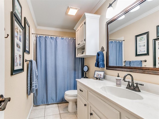 full bath with curtained shower, toilet, ornamental molding, tile patterned floors, and vanity