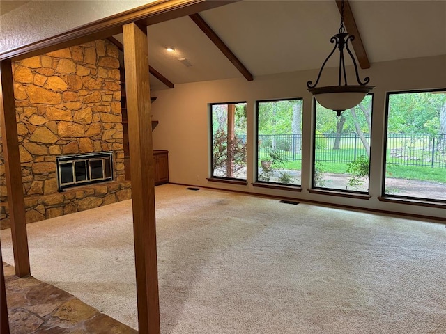 2001 Woodhill Rd, Edmond, OK 73025 - unfurnished living room featuring high vaulted ceiling, visible vents, beam ceiling, and carpet