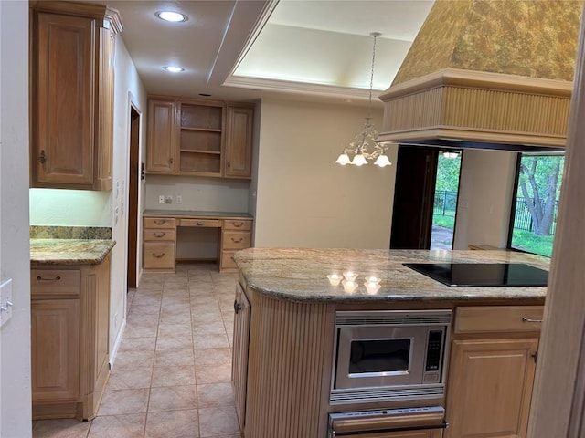 2001 Woodhill Rd, Edmond, OK 73025 - kitchen with open shelves, black electric cooktop, stainless steel microwave, and light stone countertops