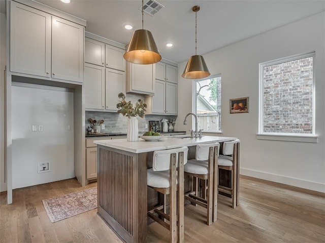 kitchen featuring a sink, a kitchen island with sink, visible vents, light wood finished floors, and backsplash