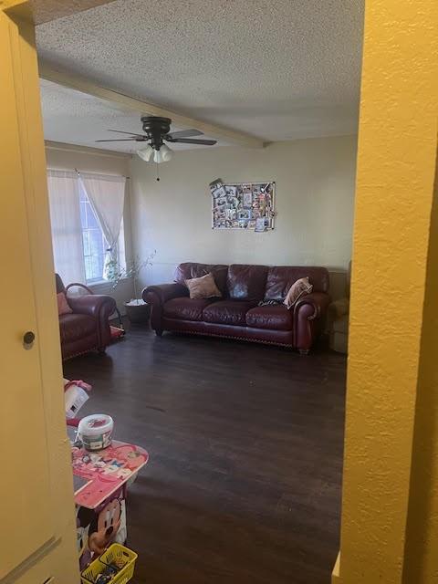 4912 Cinderella Dr, Oklahoma City, OK 73129 - living area with a textured ceiling, wood finished floors, and a ceiling fan