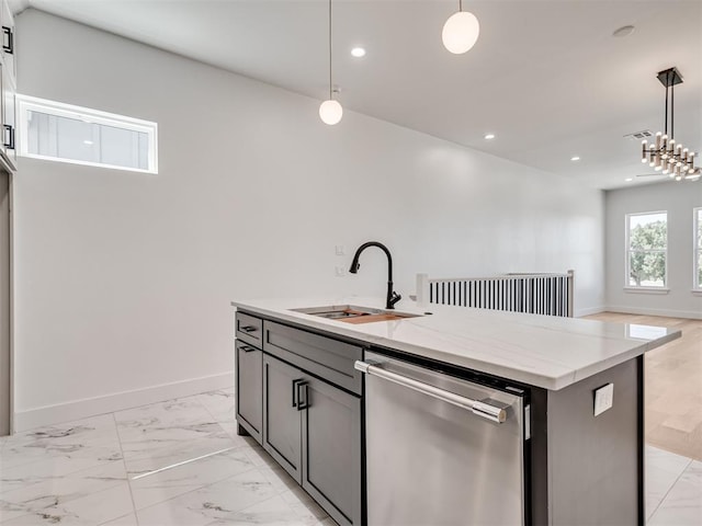 8 S Howard St, Edmond, OK 73003 - kitchen with baseboards, recessed lighting, a sink, stainless steel dishwasher, and marble finish floor