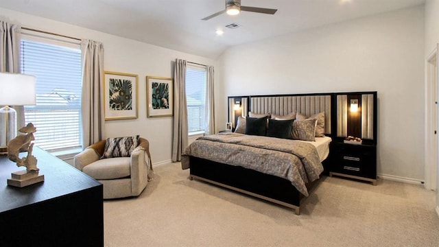 5412 Windstone Ln, Norman, OK 73072 - bedroom featuring light colored carpet, lofted ceiling, and ceiling fan