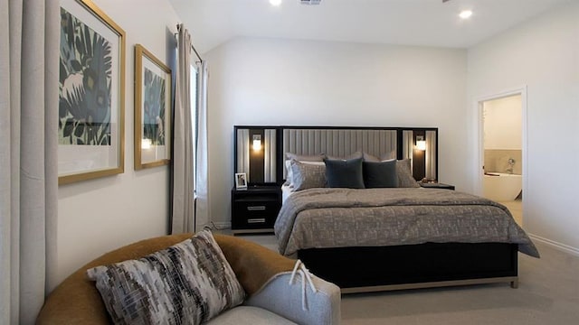 5412 Windstone Ln, Norman, OK 73072 - bedroom featuring lofted ceiling, carpet floors, and ensuite bath