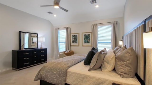 5412 Windstone Ln, Norman, OK 73072 - bedroom with lofted ceiling, light carpet, a ceiling fan, and recessed lighting