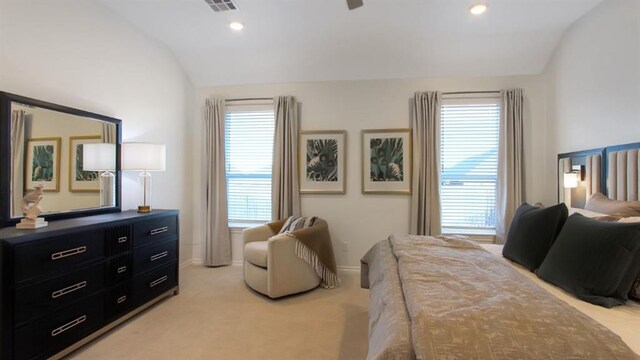 5412 Windstone Ln, Norman, OK 73072 - bedroom featuring lofted ceiling, light colored carpet, and recessed lighting