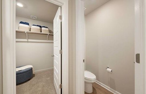 bathroom featuring baseboards, toilet, and a spacious closet