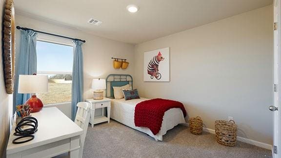 bedroom featuring visible vents, baseboards, and carpet