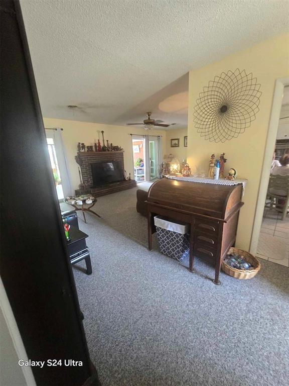 506 E Oklahoma St, Walters, OK 73572 - bedroom featuring carpet flooring, a textured ceiling, access to exterior, and a fireplace