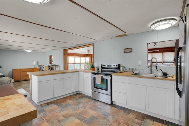 9872 N 2121st Pl, Butler, OK 73625 - kitchen featuring stainless steel range with electric stovetop, a peninsula, white cabinets, and a sink