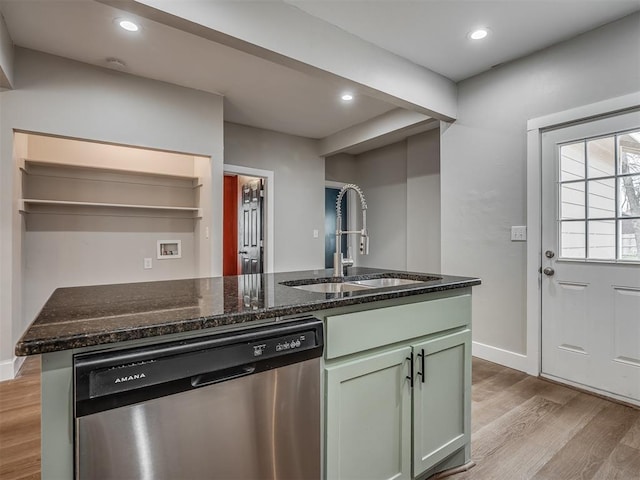 1604 NE Euclid St, Oklahoma City, OK 73117 - kitchen with light wood-style flooring, a sink, stainless steel dishwasher, recessed lighting, and dark stone counters