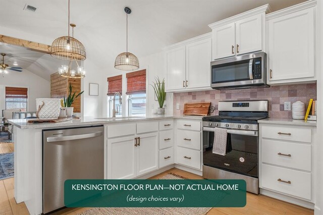 kitchen featuring visible vents, a peninsula, white cabinets, stainless steel appliances, and a sink