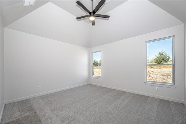 4201 Emery Dr, Edmond, OK 73034 - empty room featuring ceiling fan, carpet floors, baseboards, and high vaulted ceiling