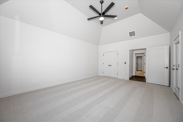 4201 Emery Dr, Edmond, OK 73034 - unfurnished bedroom featuring high vaulted ceiling, carpet, baseboards, and ceiling fan