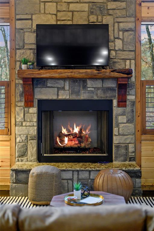 detailed view of a stone fireplace