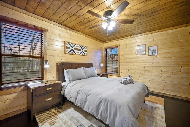 bedroom with wooden ceiling, wooden walls, and wood finished floors