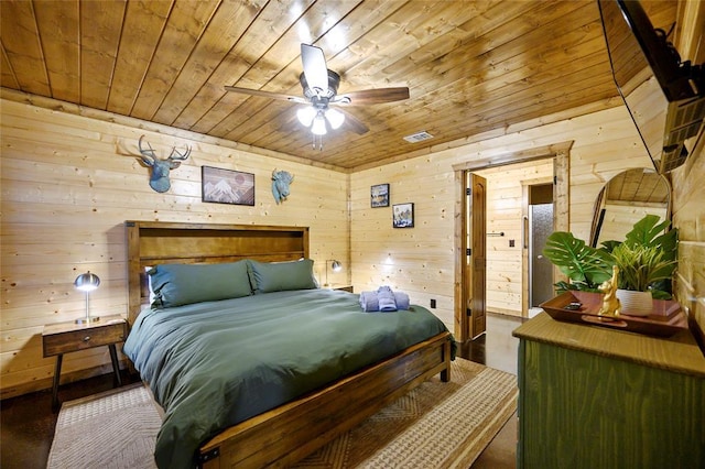 bedroom with wood ceiling and wood walls