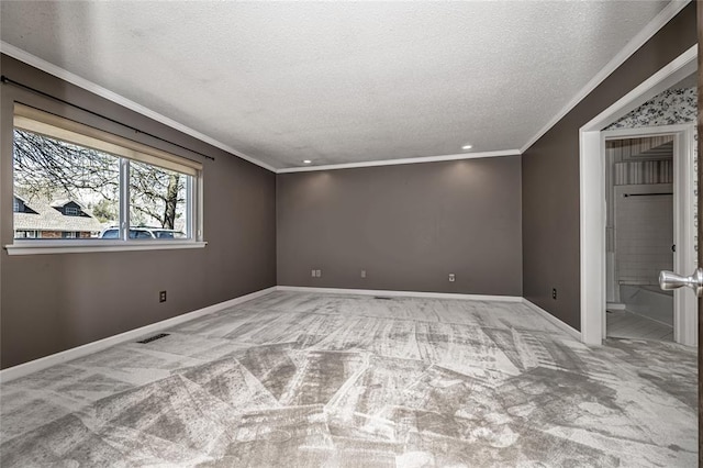 10900 Willow Grove Rd, Oklahoma City, OK 73120 - carpeted empty room featuring ornamental molding, a textured ceiling, and baseboards