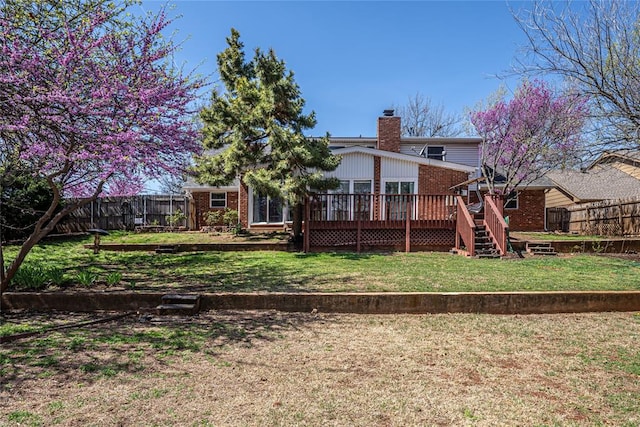 10900 Willow Grove Rd, Oklahoma City, OK 73120 - rear view of property with brick siding, a chimney, and a wooden deck
