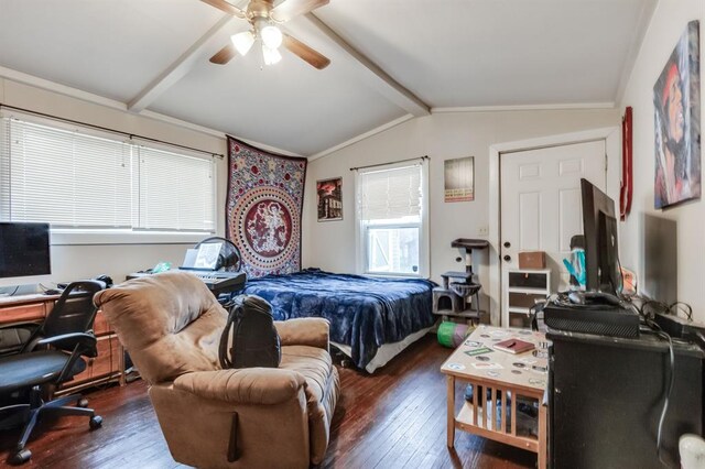 1011 NW 31st St, Oklahoma City, OK 73118 - bedroom featuring vaulted ceiling with beams, a ceiling fan, and wood-type flooring