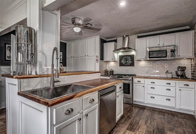 kitchen featuring a sink, dark wood-style floors, stainless steel appliances, white cabinets, and wall chimney range hood