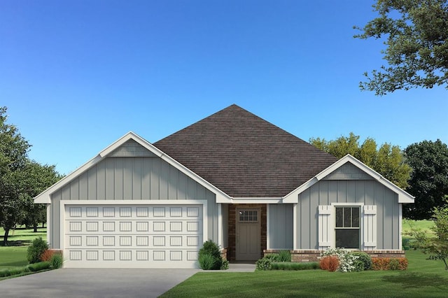 view of front of house featuring an attached garage, a shingled roof, a front lawn, concrete driveway, and board and batten siding