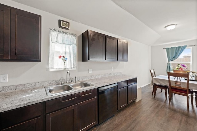 kitchen featuring dark brown cabinetry, dishwasher, light countertops, dark wood-style floors, and a sink