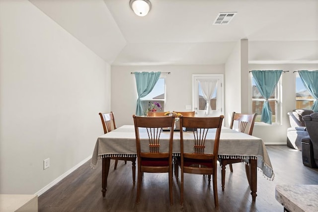 dining area with visible vents, baseboards, and dark wood-style floors