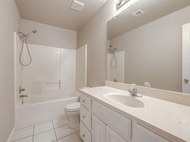 full bathroom with tile patterned floors, visible vents, toilet, and  shower combination