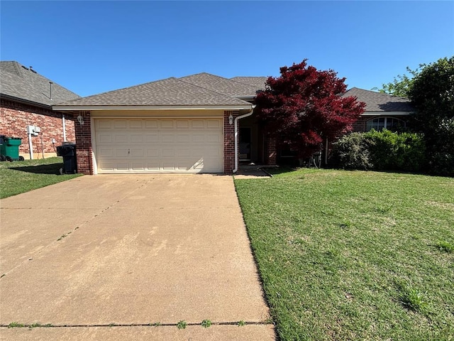 ranch-style house featuring concrete driveway, brick siding, a front lawn, and a garage