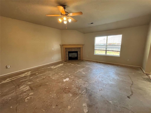 unfurnished living room with ceiling fan, visible vents, baseboards, and a tile fireplace