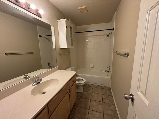 full bath featuring tile patterned flooring, vanity, baseboards, toilet, and bathing tub / shower combination