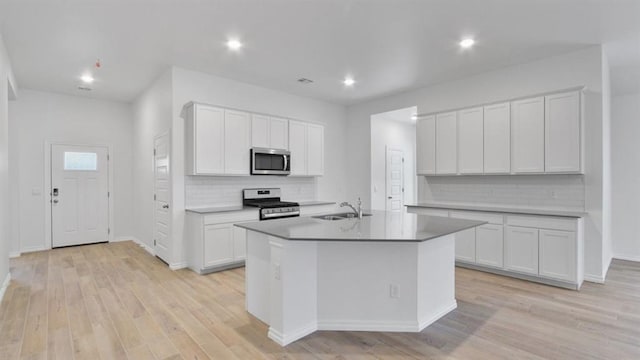 5502 Windstone Ln, Norman, OK 73072 - kitchen featuring appliances with stainless steel finishes, decorative backsplash, light wood-style floors, recessed lighting, and white cabinets