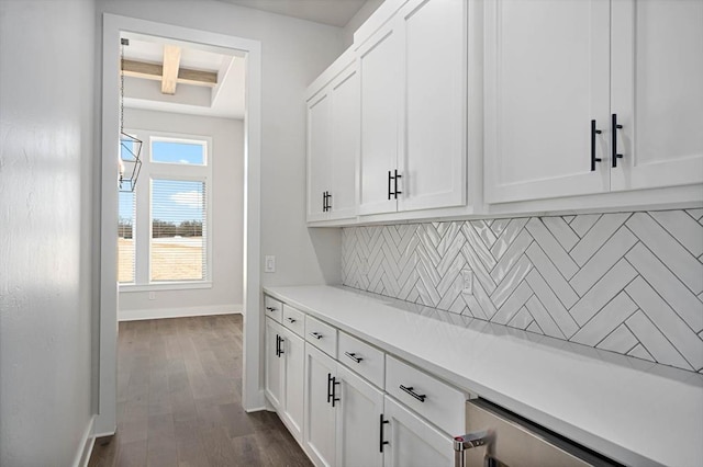2215 Winter Creek Blvd, Blanchard, OK 73010 - bar with beamed ceiling, backsplash, baseboards, and dark wood-style flooring