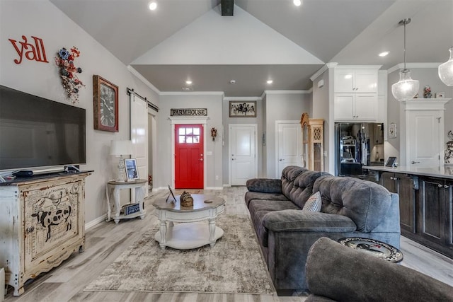 1624 NE 32nd St, Moore, OK 73160 - living area with a barn door, lofted ceiling, crown molding, recessed lighting, and light wood finished floors