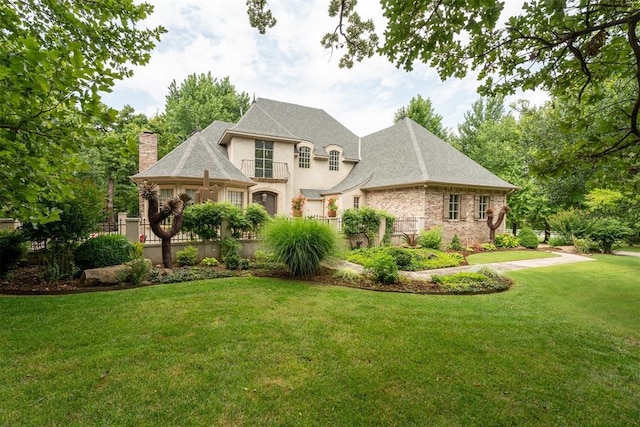 1514 Duxsford Ct, Edmond, OK 73034 - french country home with a chimney, a front lawn, and roof with shingles