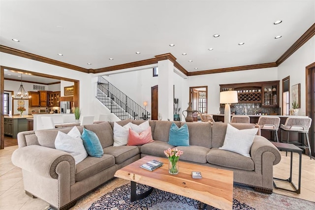 1514 Duxsford Ct, Edmond, OK 73034 - living room with light tile patterned floors, recessed lighting, crown molding, stairway, and bar