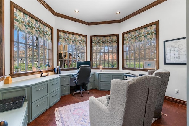 1514 Duxsford Ct, Edmond, OK 73034 - office featuring built in study area, crown molding, and recessed lighting