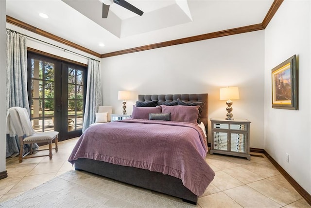 1514 Duxsford Ct, Edmond, OK 73034 - bedroom featuring light tile patterned flooring, french doors, access to outside, ornamental molding, and a raised ceiling