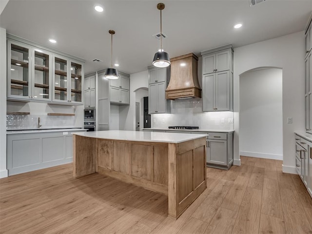 77 Orchid Ct, Piedmont, OK 73078 - kitchen featuring arched walkways, custom range hood, gray cabinets, appliances with stainless steel finishes, and decorative backsplash