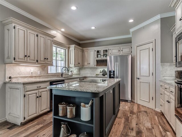 kitchen featuring light wood-type flooring, black electric cooktop, stainless steel refrigerator with ice dispenser, and open shelves