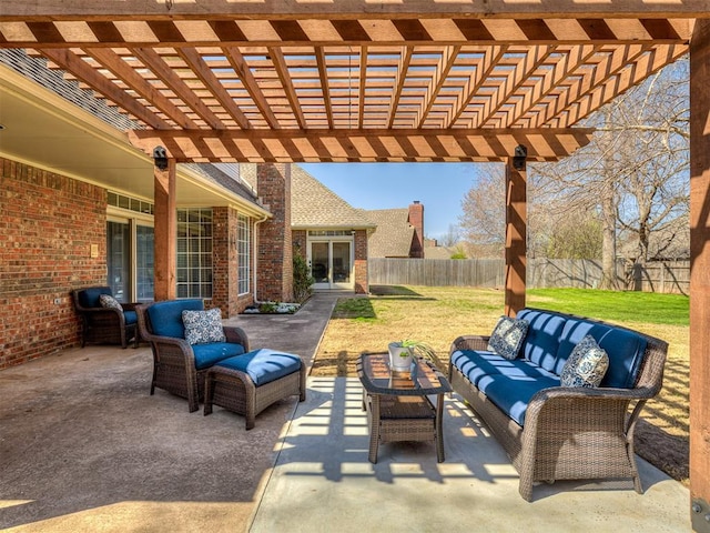 view of patio / terrace featuring a pergola, outdoor lounge area, and a fenced backyard
