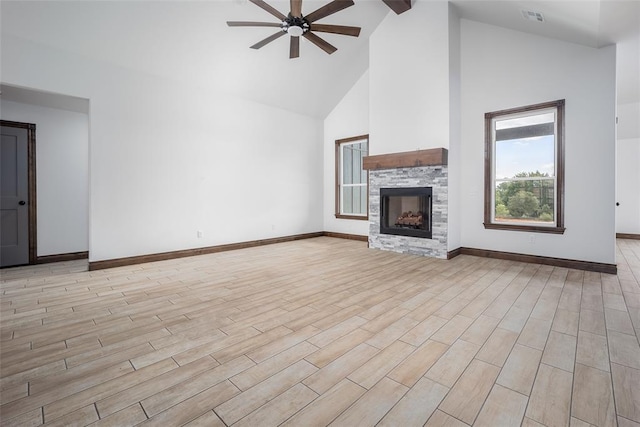 1431 County Road 2977, Blanchard, OK 73010 - unfurnished living room featuring high vaulted ceiling, ceiling fan, a fireplace, light wood-type flooring, and beam ceiling