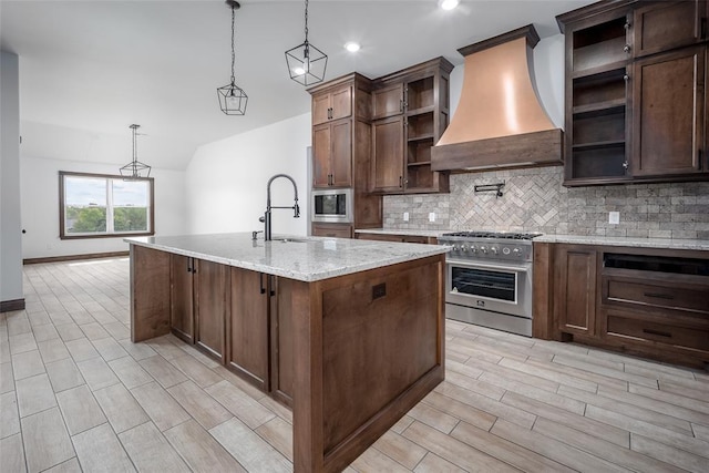 1431 County Road 2977, Blanchard, OK 73010 - kitchen with open shelves, stainless steel appliances, custom exhaust hood, tasteful backsplash, and decorative light fixtures