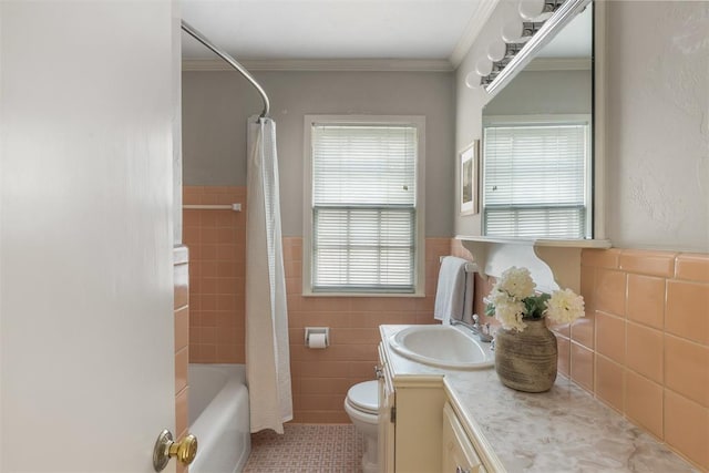 1716 Westminster Pl, Nichols Hills, OK 73120 - full bath with tile walls, tile patterned flooring, vanity, shower / bathtub combination with curtain, and wainscoting