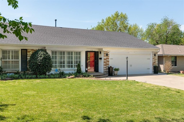 1716 Westminster Pl, Nichols Hills, OK 73120 - view of front of house with an attached garage, concrete driveway, a front lawn, stone siding, and roof with shingles