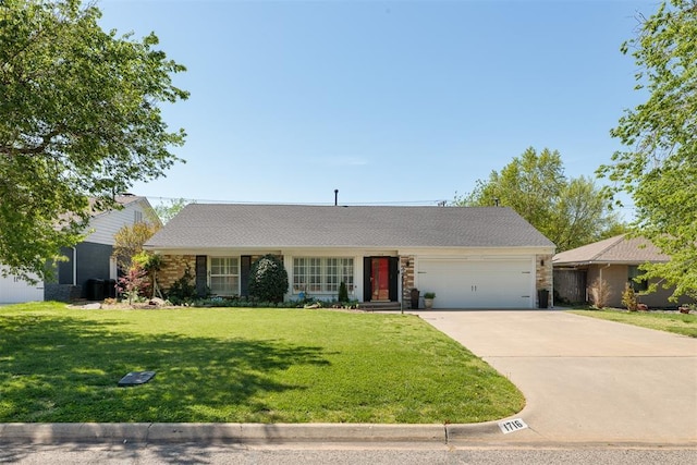 1716 Westminster Pl, Nichols Hills, OK 73120 - single story home featuring an attached garage, concrete driveway, a front lawn, and stone siding
