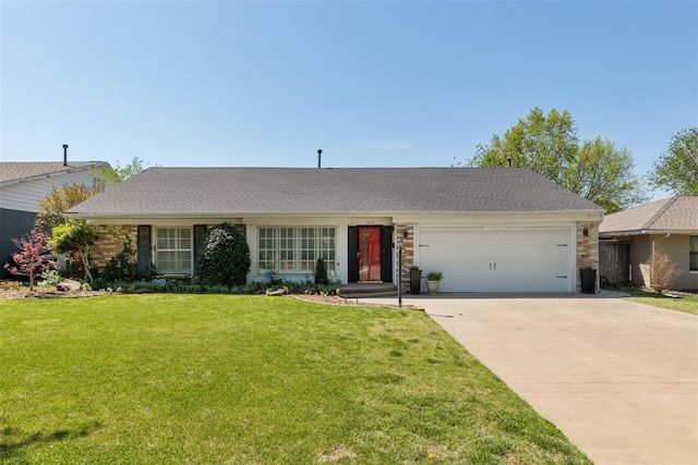 1716 Westminster Pl, Nichols Hills, OK 73120 - ranch-style house featuring a garage, driveway, a front yard, and stone siding