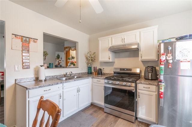kitchen featuring white cabinetry, under cabinet range hood, a sink, light wood-style floors, and appliances with stainless steel finishes